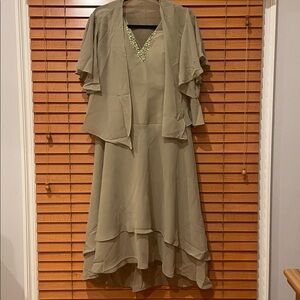Elegant V-neck Midi Sage Mother of the Bride Dress with sheer jacket size 12 (f)